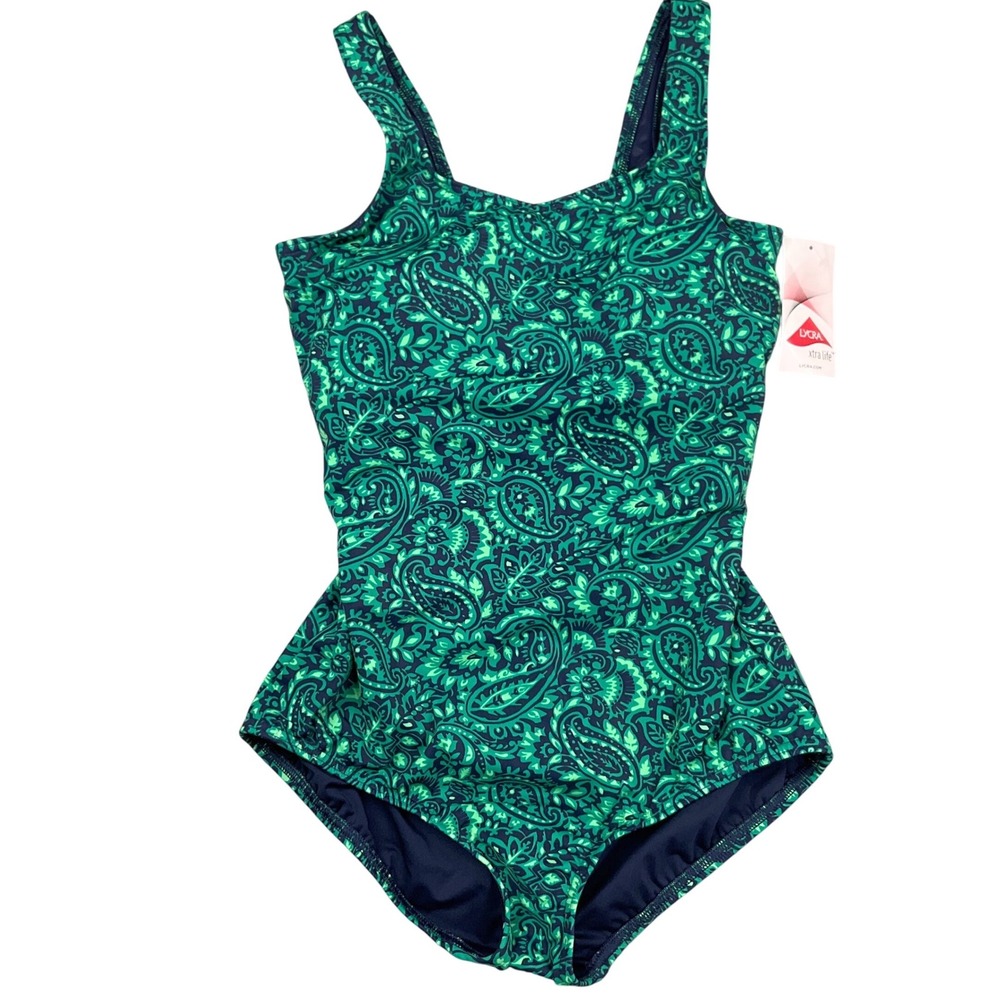 Lands' End 1 Pc Swimsuit Women 10D Green Blue Paisley Modest Vibrant  Lycra NWT